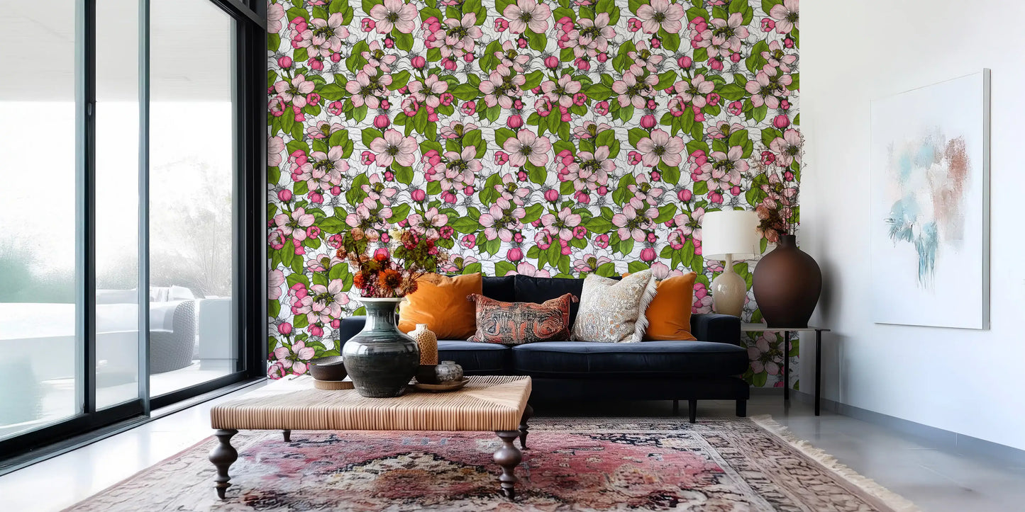 Dark outlines define the blooming blossom wallpaper elements vividly.