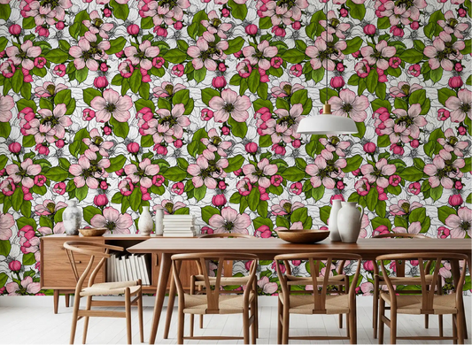 Apple blossom on white Wallpaper covers the dining room partition completely.