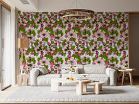 Botanical blossom wallpaper lines the bright living room .