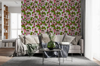 The Apple blossom on white Wallpaper features intricate bees navigating the floral canopy.