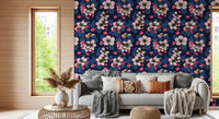 Yellow bees gather pollen atop pink petals within the vivid blossom wallpaper pattern.