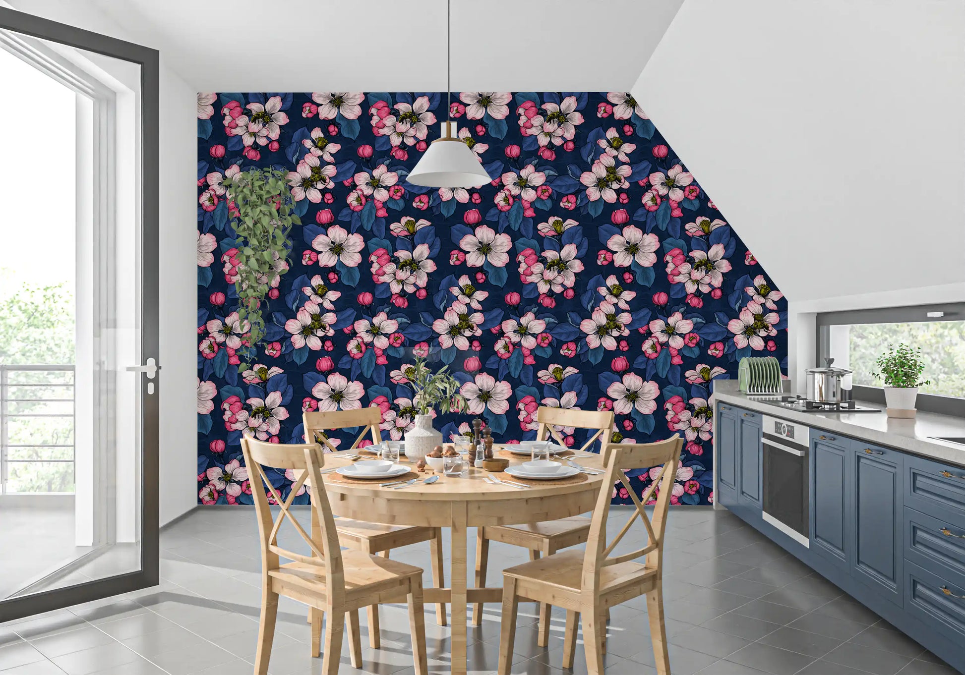 Golden insects rest calmly among illustrated spring flowers upon the blue wallpaper.