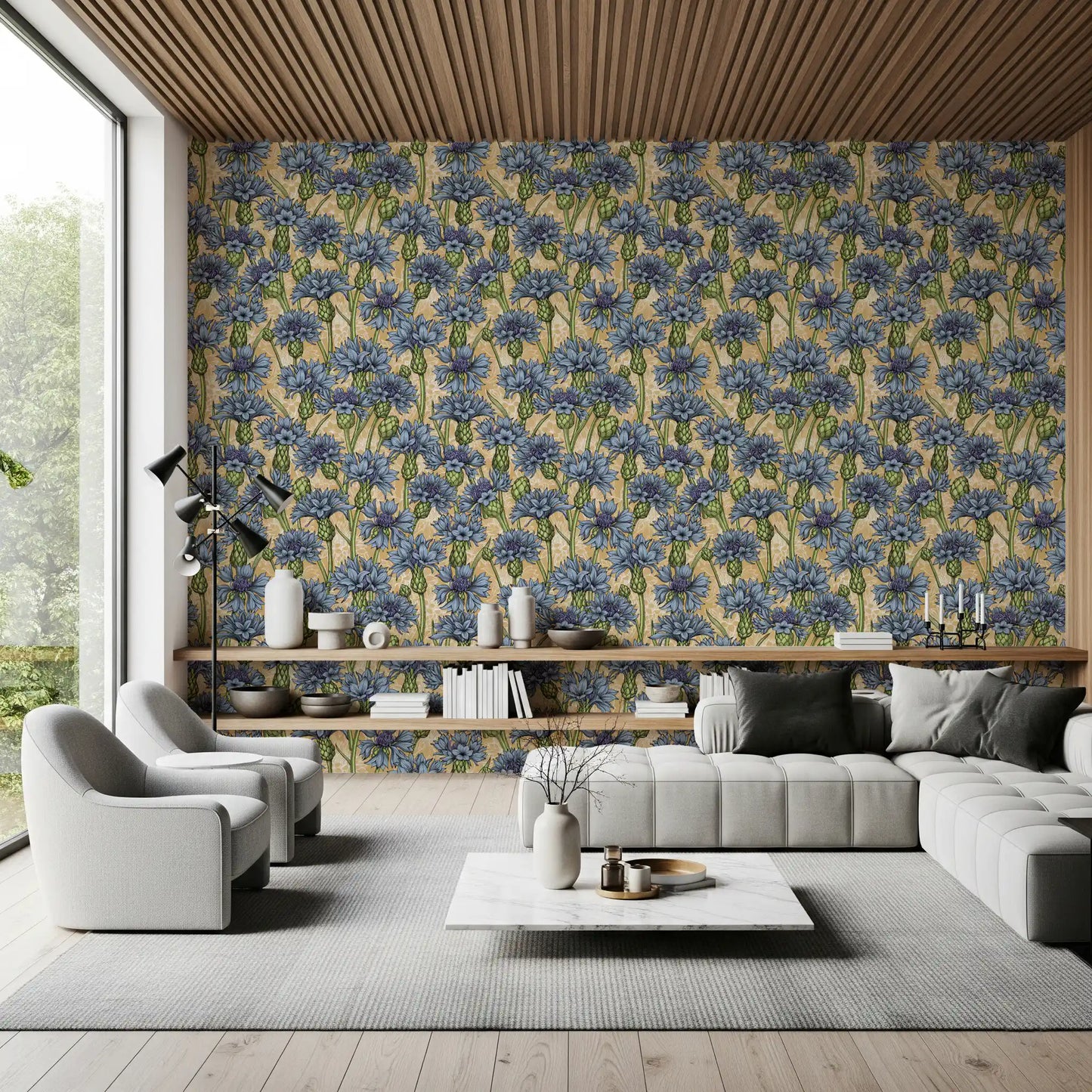 Vintage illustration styles dominate this Cornflowers Wallpaper composition completely.
