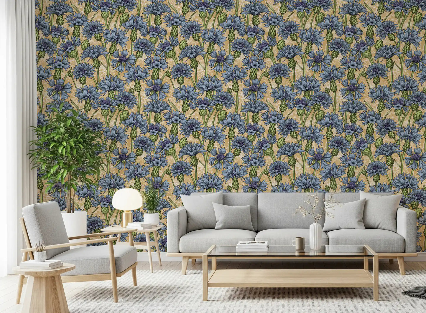Vintage illustration styles dominate this Cornflowers Wallpaper composition completely.
