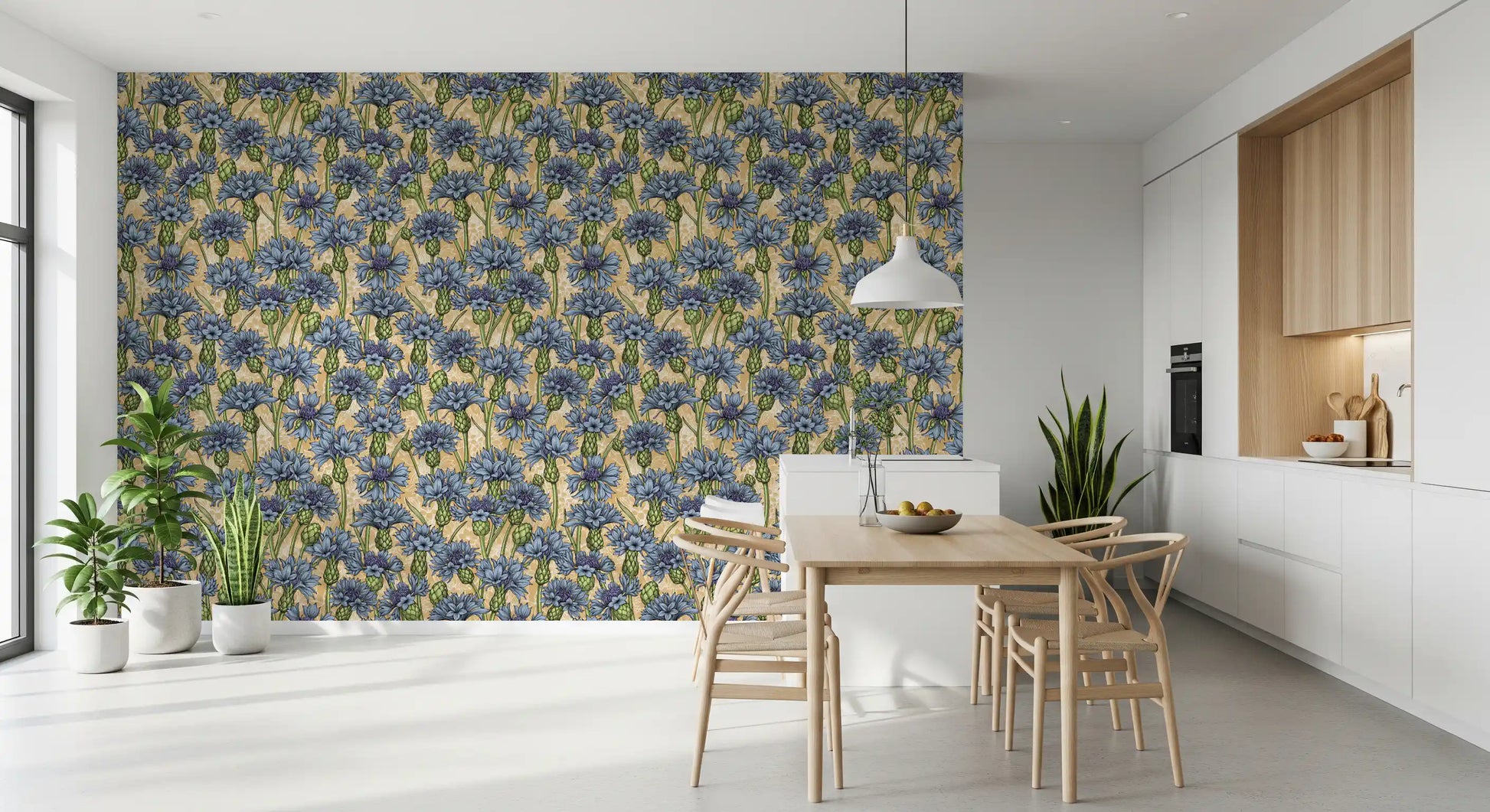Placed behind a wooden table, the Cornflowers Wallpaper completes the dining room.