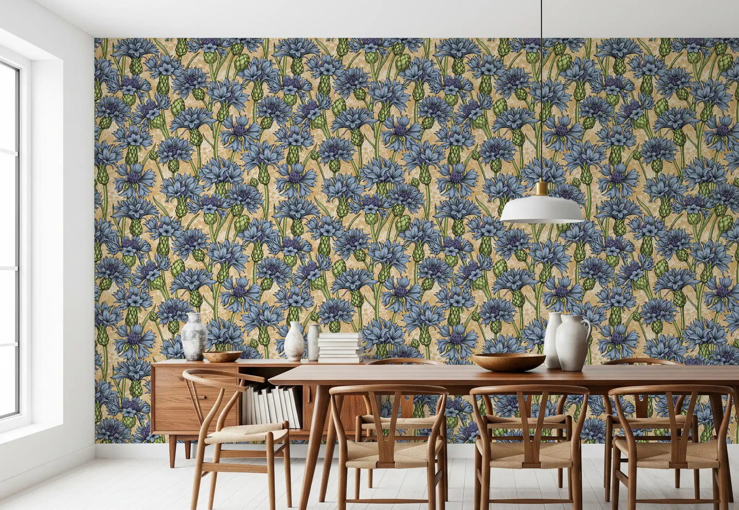 This minimalist Dining room uses the Cornflowers Wallpaper to create visual depth.