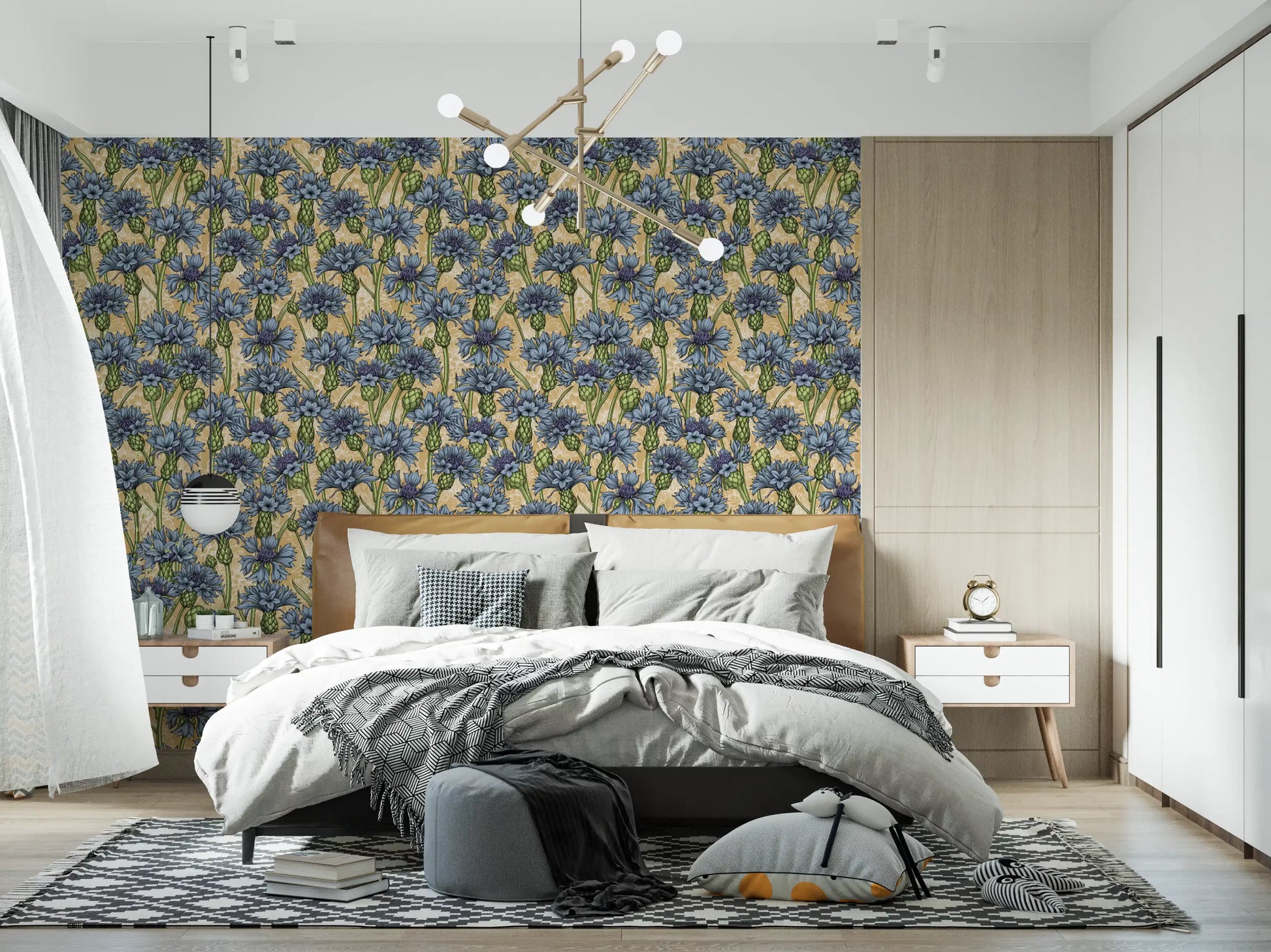Relax inside a modern Bedroom outfitted perfectly with this cornflowers motif wallpaper.