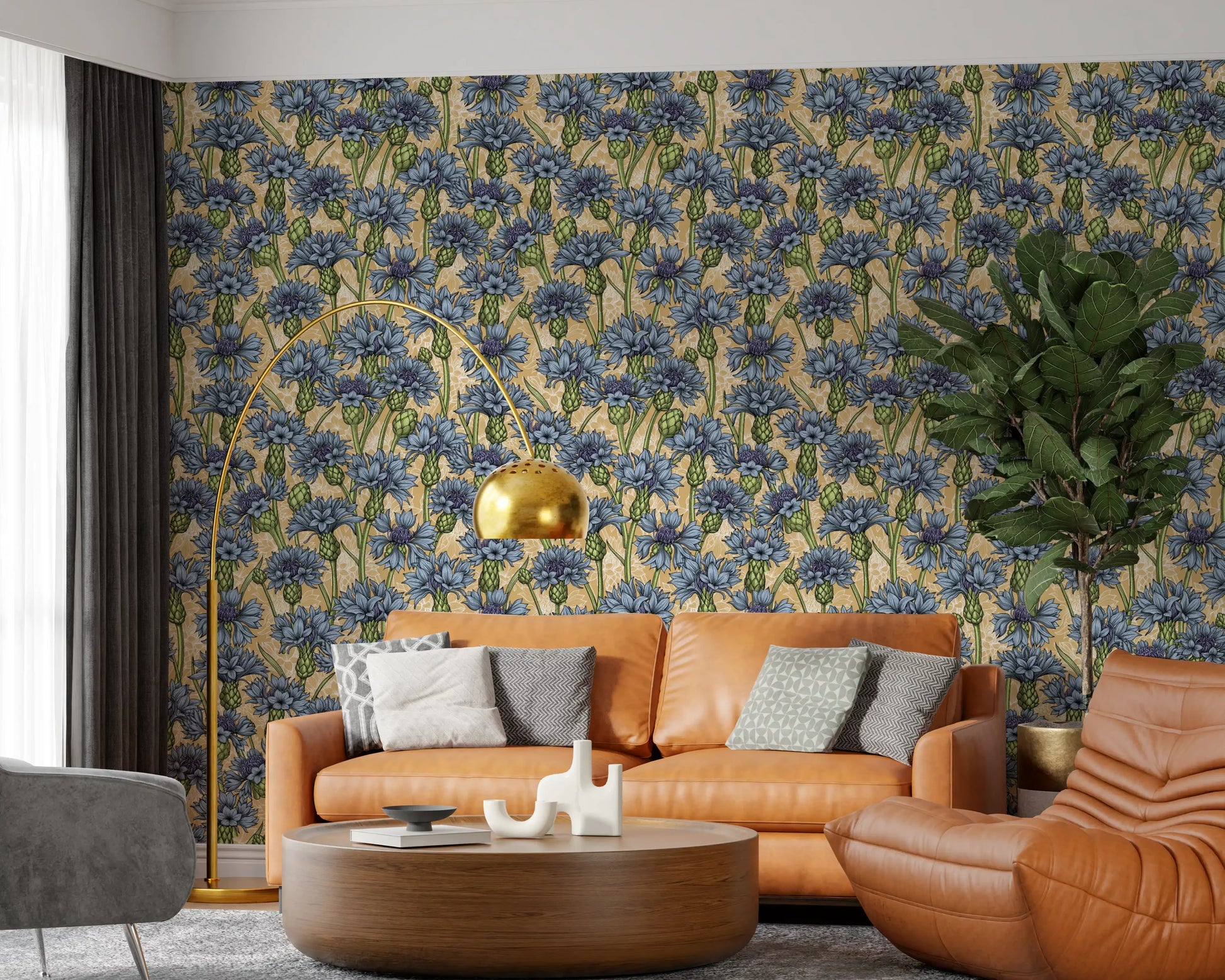 The Cornflowers Wallpaper exhibits highly detailed indigo petals over a warm base.