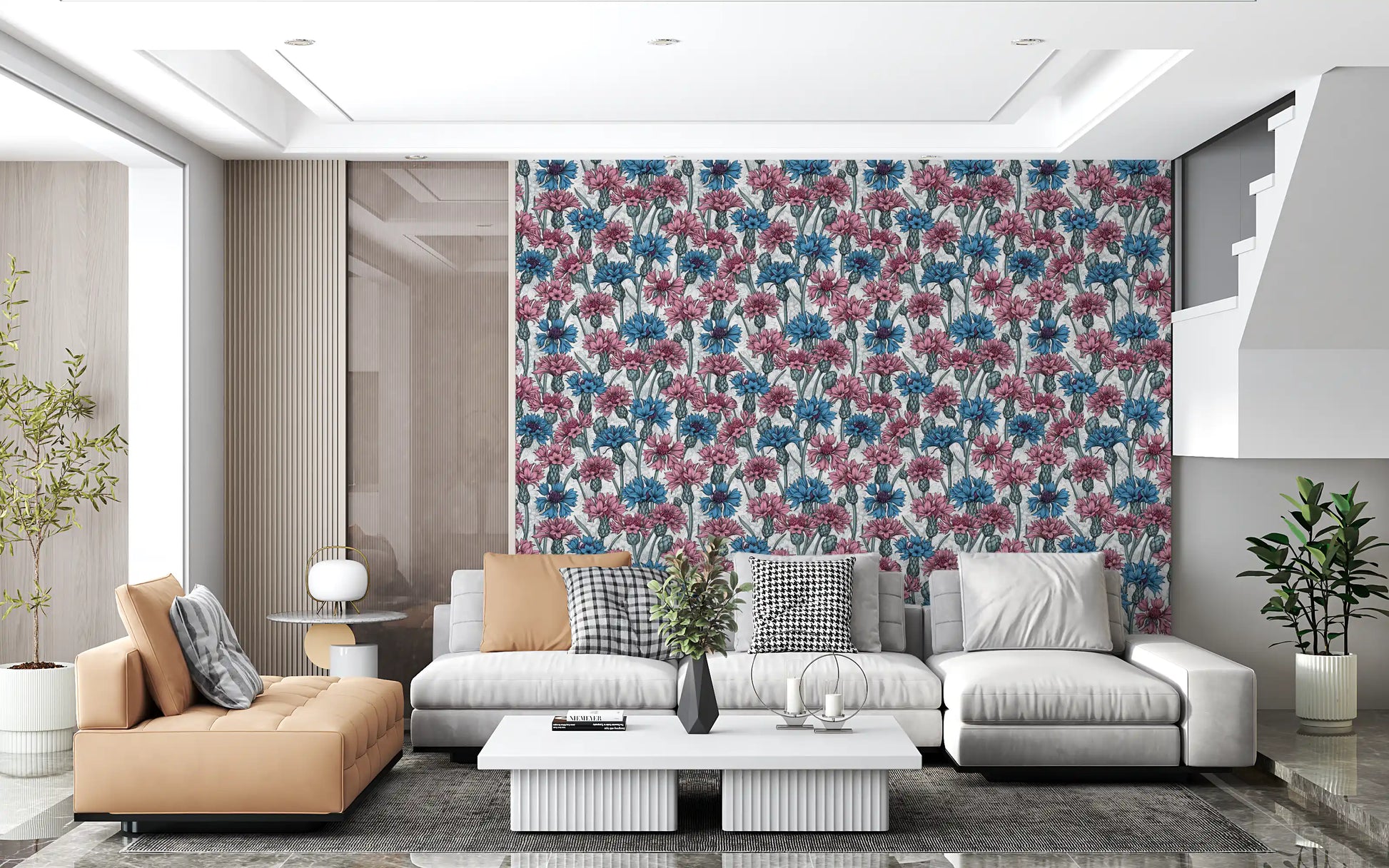 Detailed crosshatching adds incredible depth to the pink blossoms on this wallpaper.