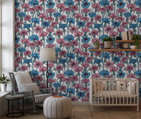 The Nursery area gains lively character from the installed white botanical wallpaper.