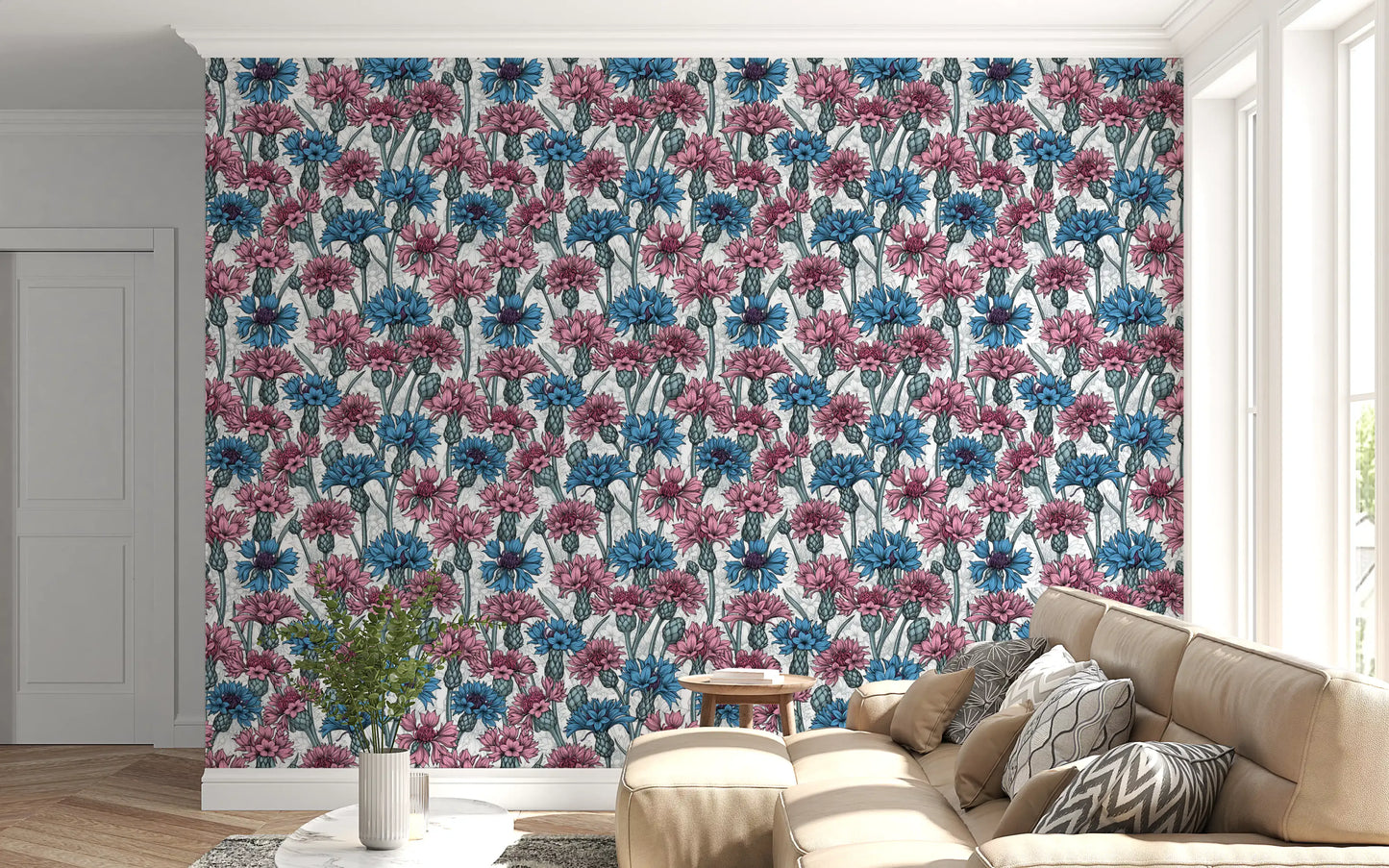 Cornflowers dominate the elegant wallpaper applied inside a quiet Living room