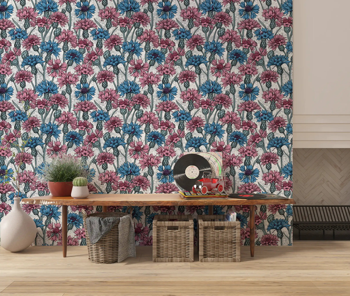 This pink and blue cornflowers on white wallpaper wraps nicely around a Hallway.
