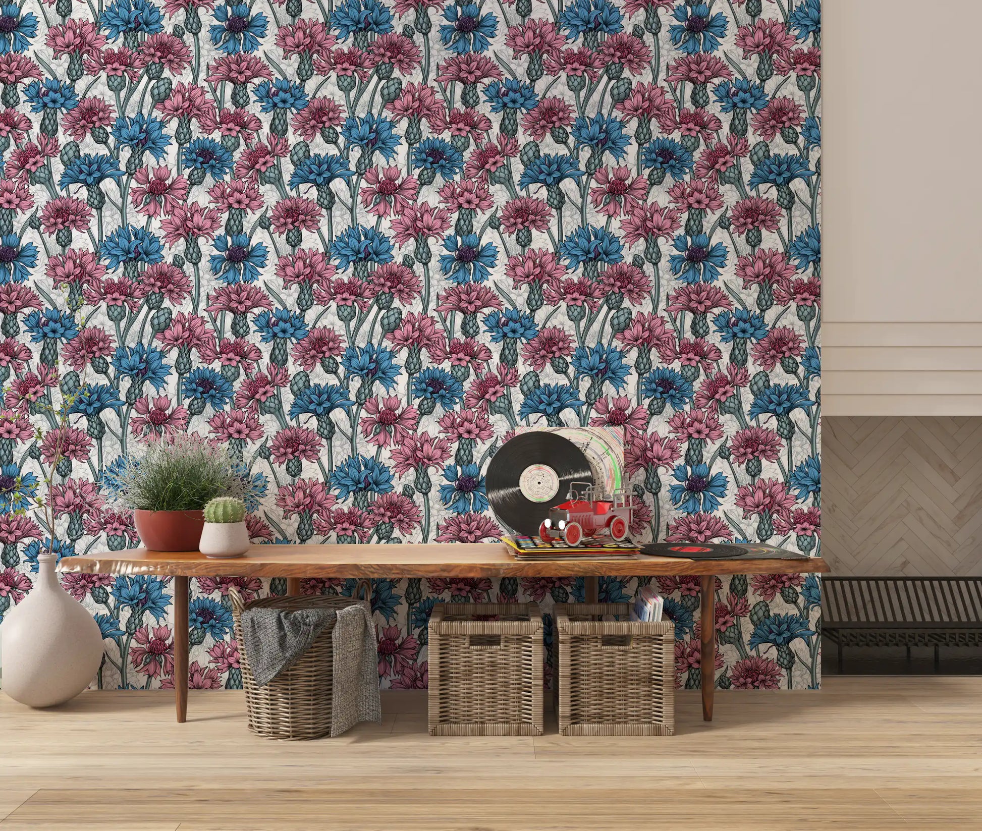 This pink and blue cornflowers on white wallpaper wraps nicely around a Hallway.