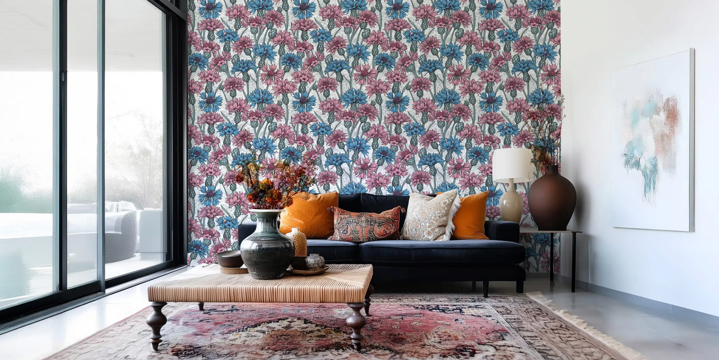 Pink floral wallpaper provides a peaceful backdrop for the main Living room.