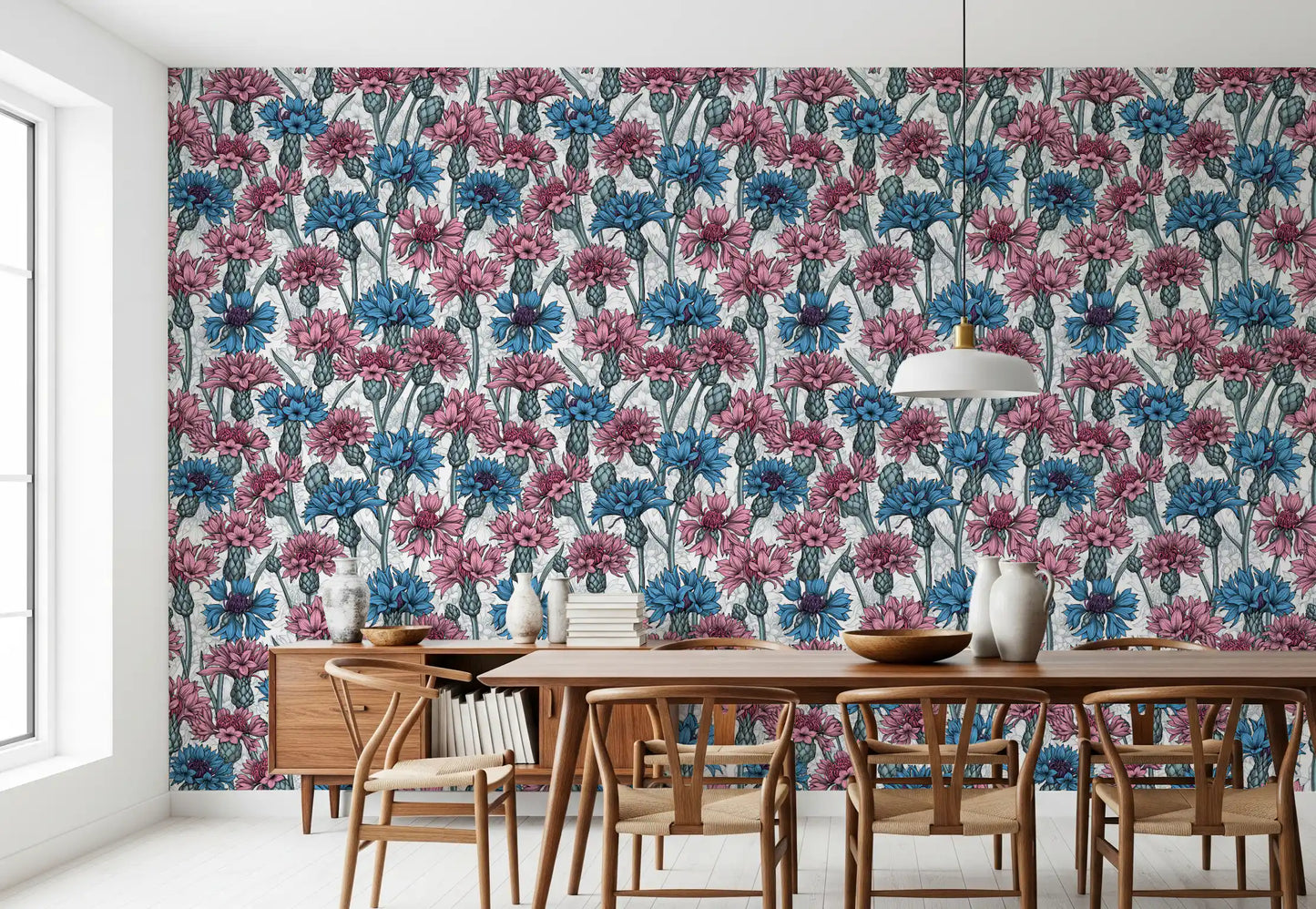 Dense spring flora stretches across the expansive white wallpaper continuously.