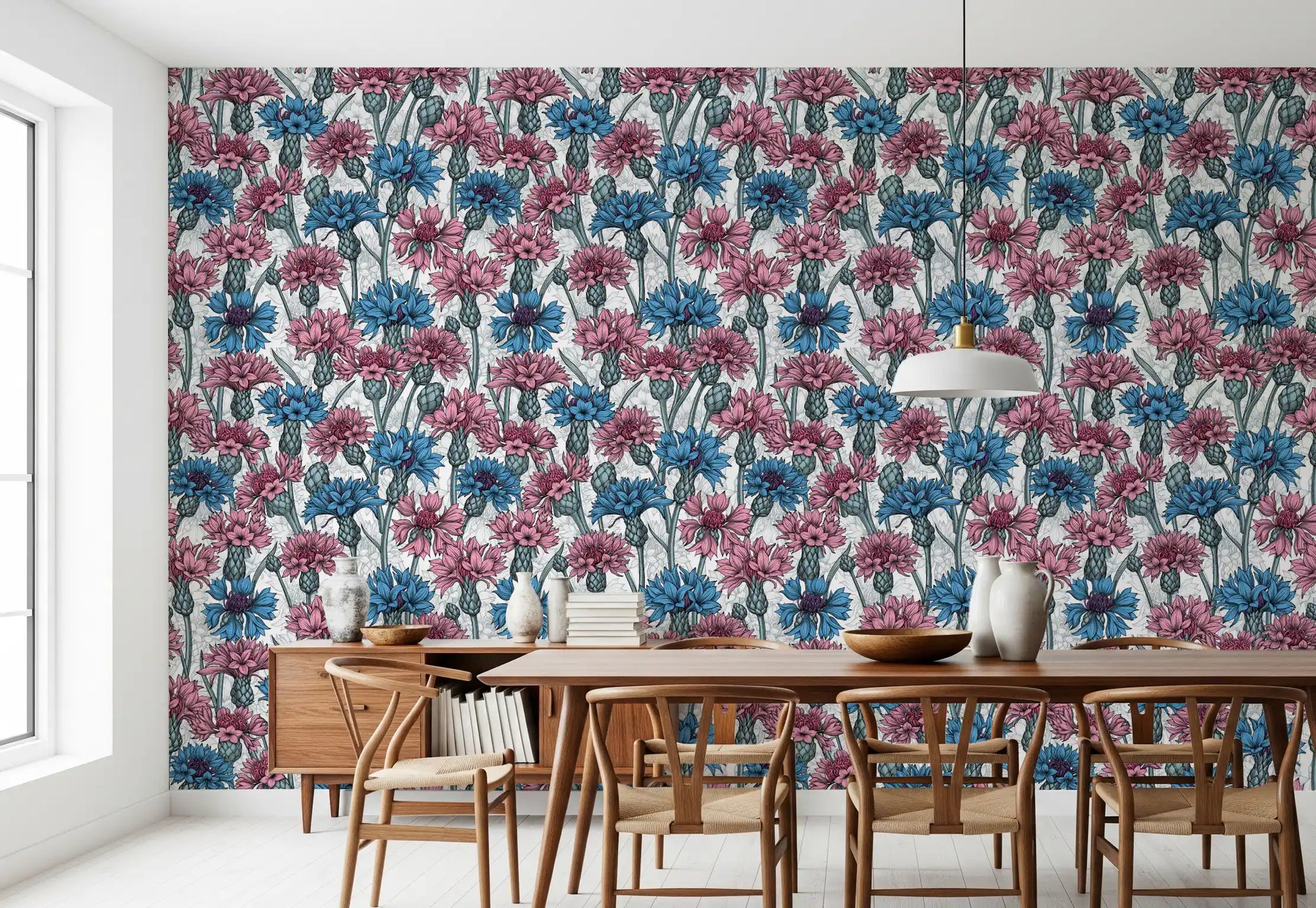Dense spring flora stretches across the expansive white wallpaper continuously.