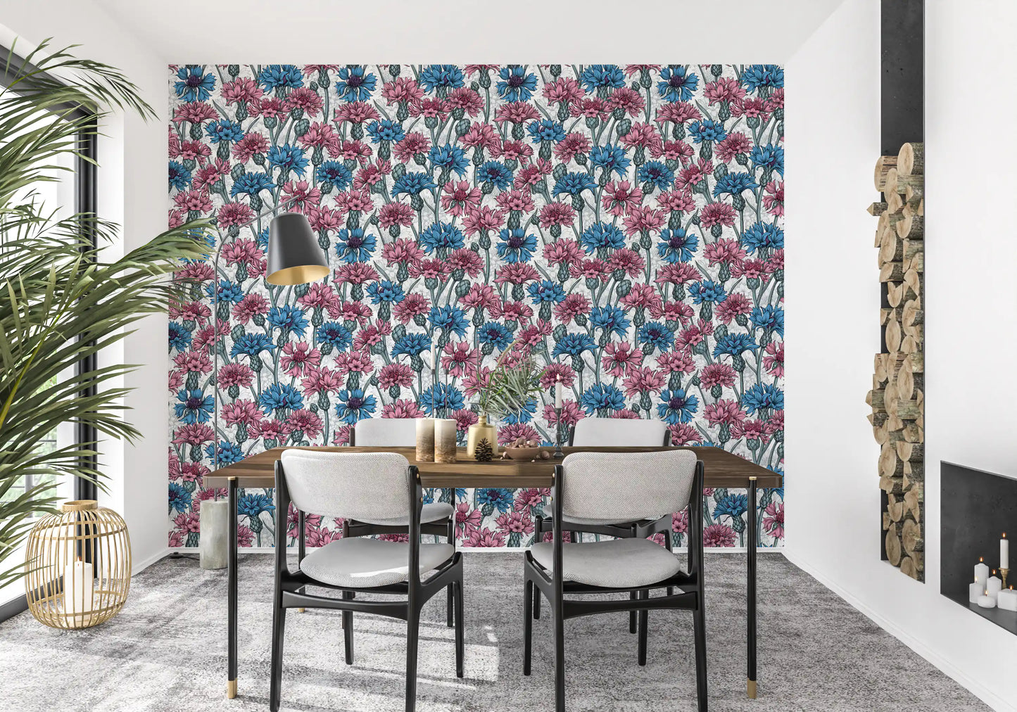 Vintage botanical drawings inspire the complex cornflowers on this custom wallpaper.