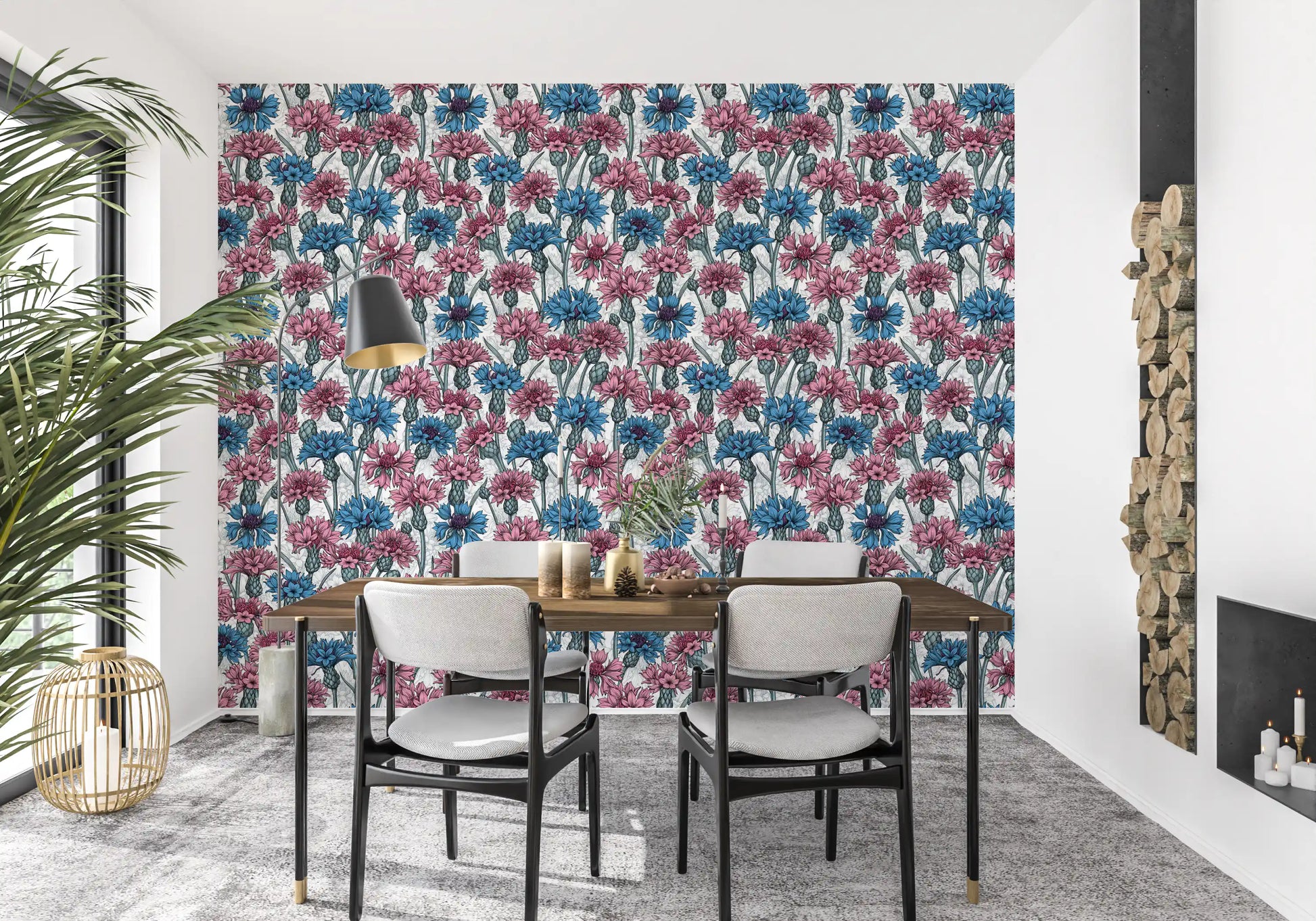 Vintage botanical drawings inspire the complex cornflowers on this custom wallpaper.