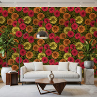 Yellow and pink petals overlap closely within the seamless Dahlia garden wallpaper.