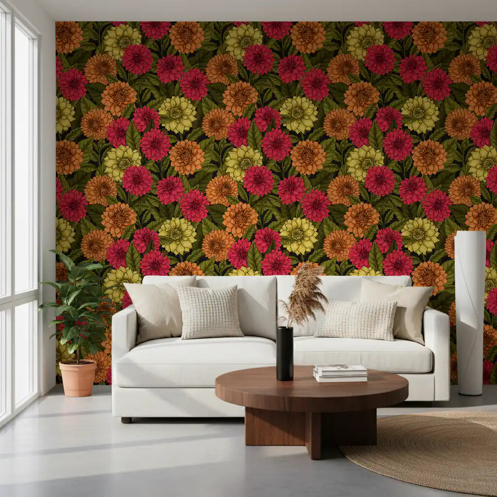 A bright Living room utilizes the bold botanical Dahlia wallpaper to create incredible depth.