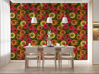Bold red and yellow blossoms of the Dahlia garden wallpaper energize a quiet Dining room.