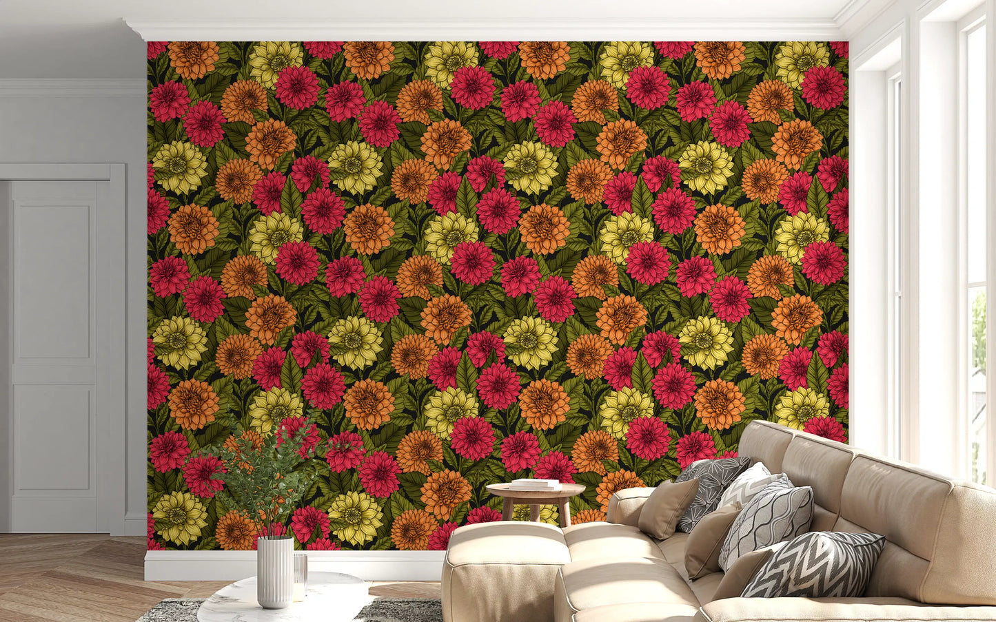Foliage provides deep contrast against the bright blossoms on this floral Dahlia wallpaper.