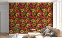 Foliage provides deep contrast against the bright blossoms on this floral Dahlia wallpaper.