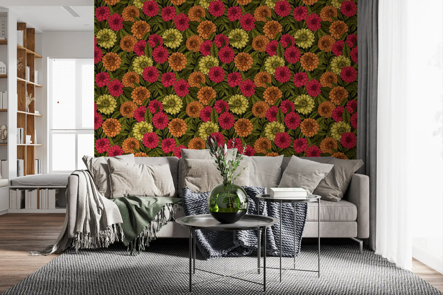 Floral Dahlia wallpaper surrounds the eating area in this contemporary Living room.