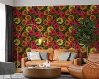 An airy living room features the striking Dahlia garden wallpaper as a vibrant backdrop.
