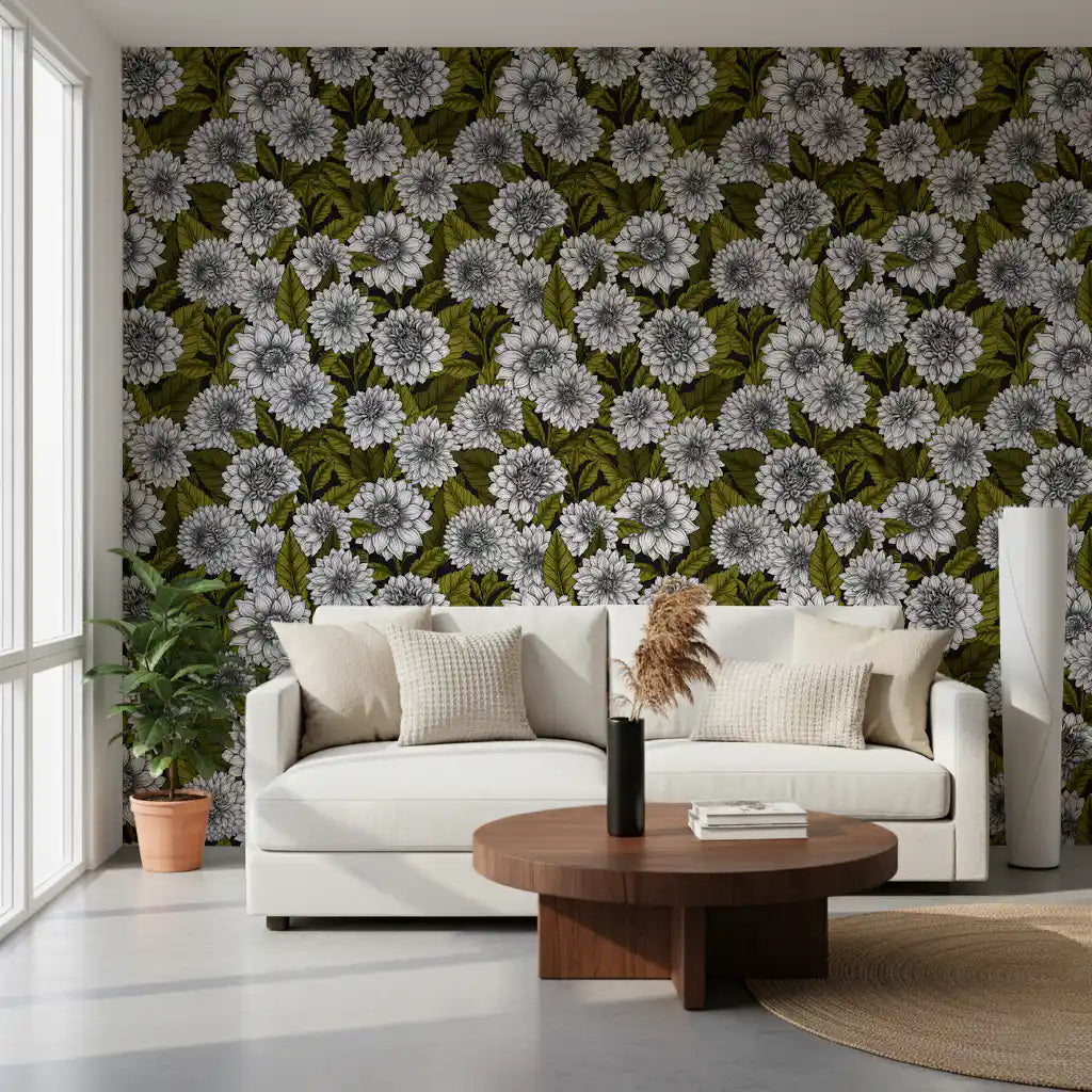 Light pours into a minimal living room showcasing the White Dahlia garden wallpaper.