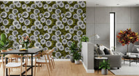 Detailed petals interlock across the entire White Dahlia garden wallpaper.