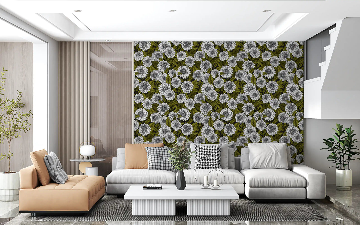 Botanical patterns fill an airy Living room wrapped in our bespoke Dahlia wallpaper.