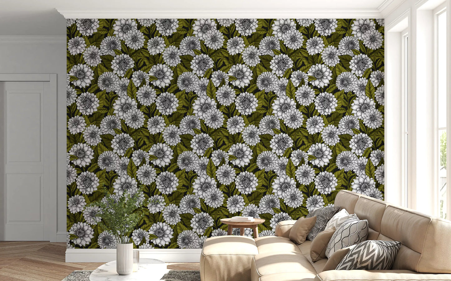 Deep charcoal backgrounds emphasize lush green leaves within this Dahlia wallpaper.