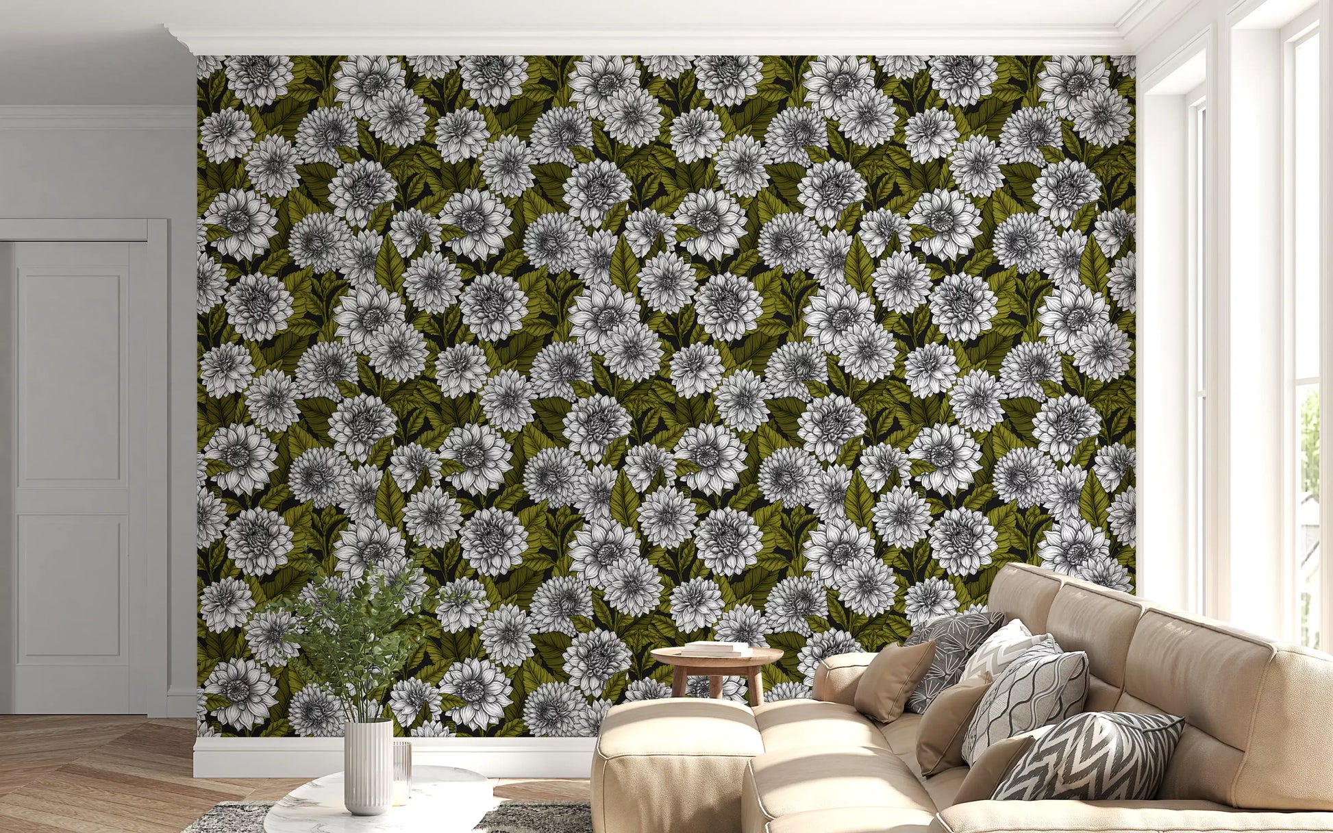 Deep charcoal backgrounds emphasize lush green leaves within this Dahlia wallpaper.