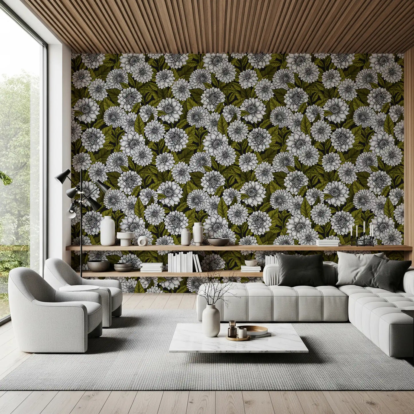 Oversized botanical graphics establish a quiet Lounge displaying this White wallpaper.