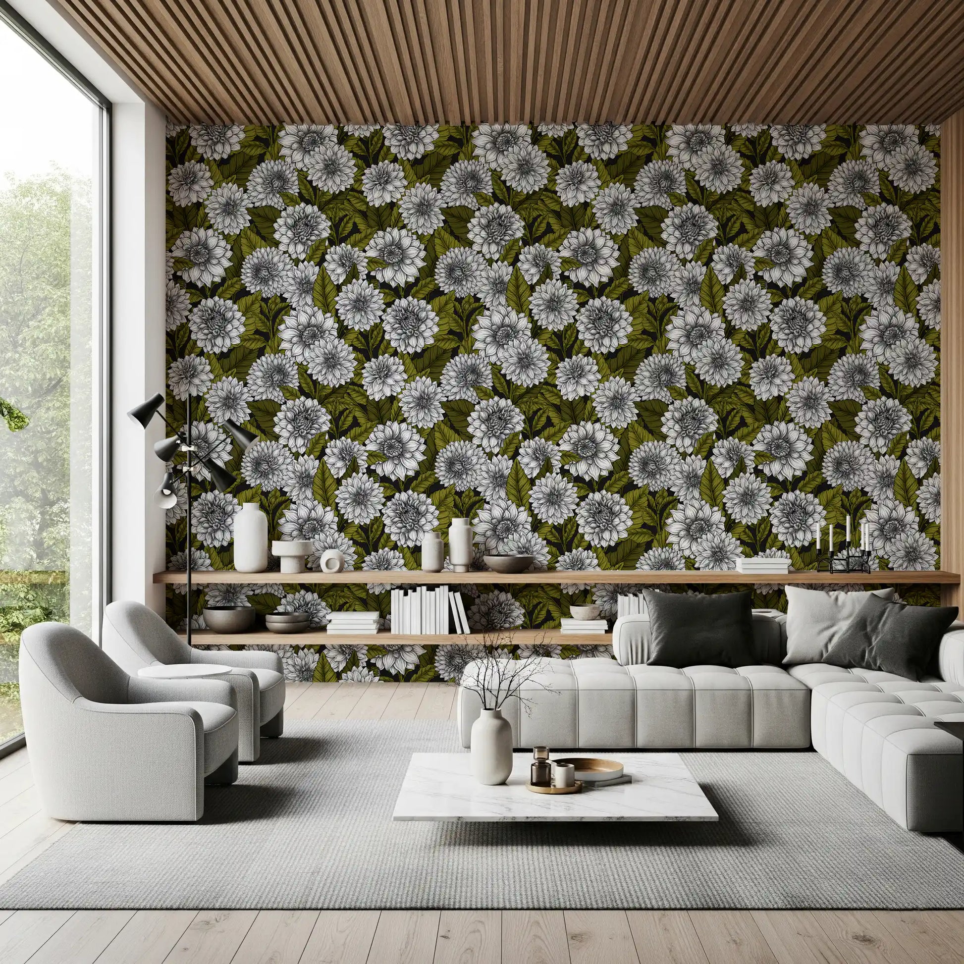 Oversized botanical graphics establish a quiet Lounge displaying this White wallpaper.