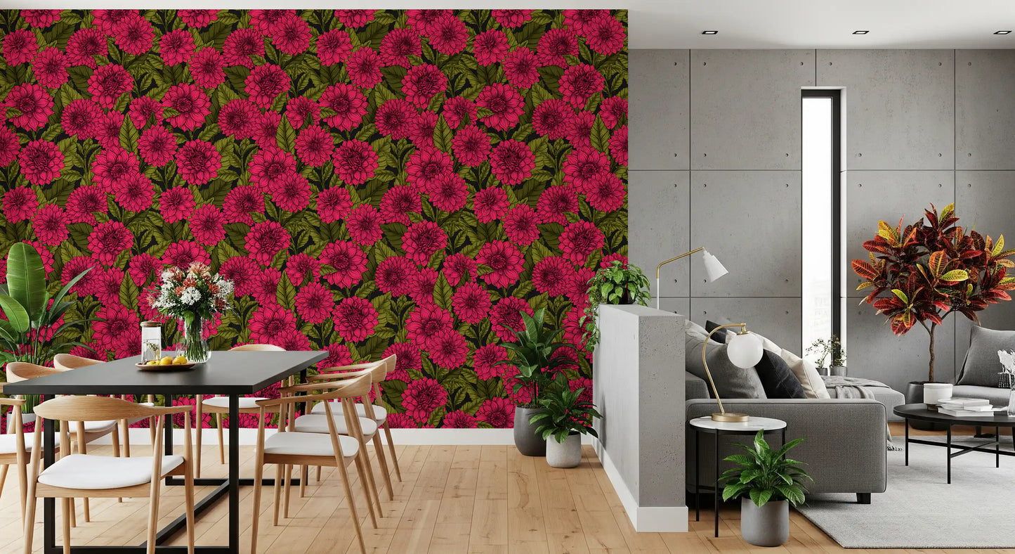Etched black outlines detail every petal in the Dahlia garden Wallpaper perfectly.