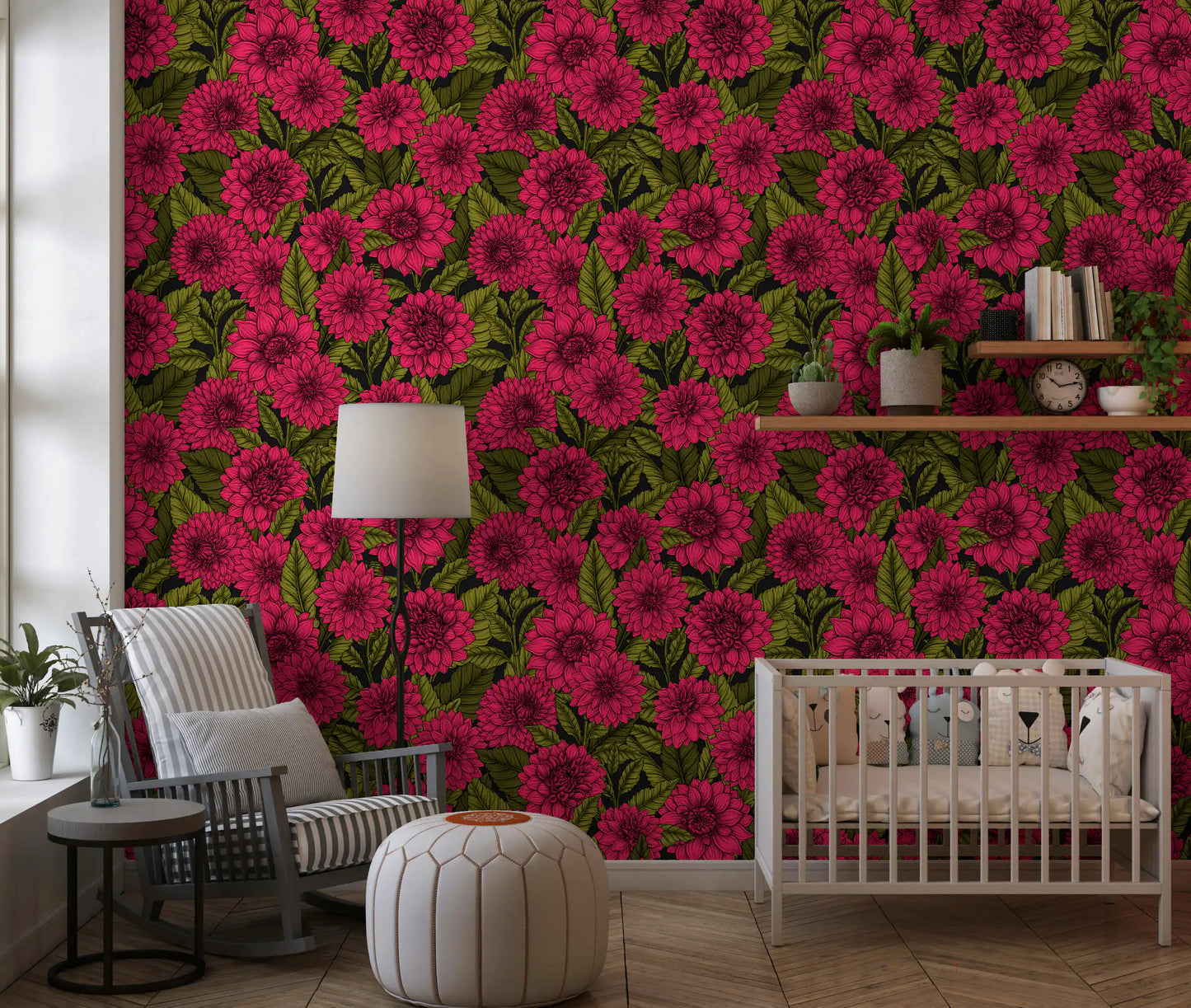 Intricate botanical elements detail the quiet nursery using the Dahlia garden Wallpaper.