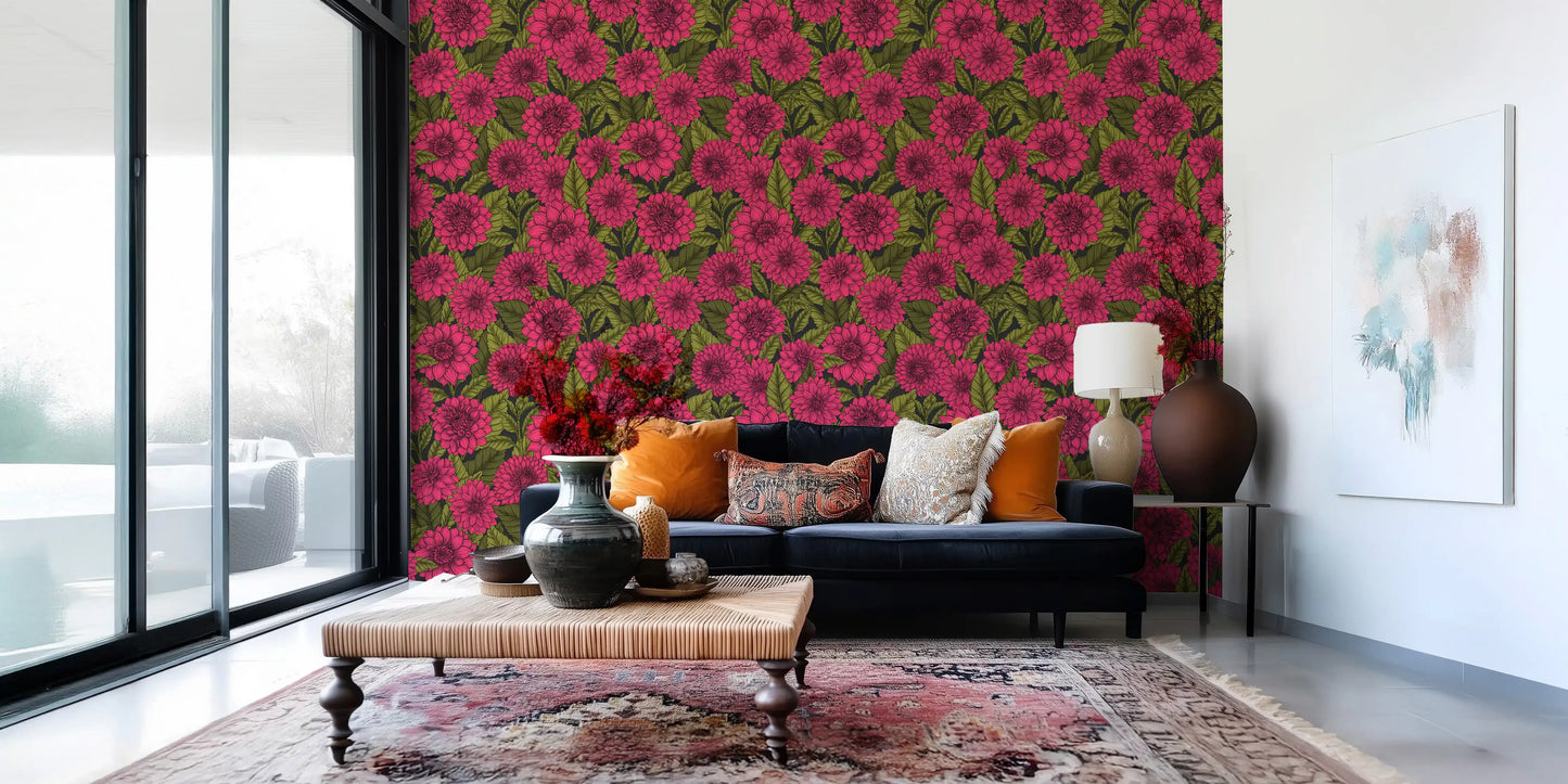 The dark background highlights bright pink flowers throughout the floral Dahlia wallpaper.