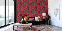 The dark background highlights bright pink flowers throughout the floral Dahlia wallpaper.