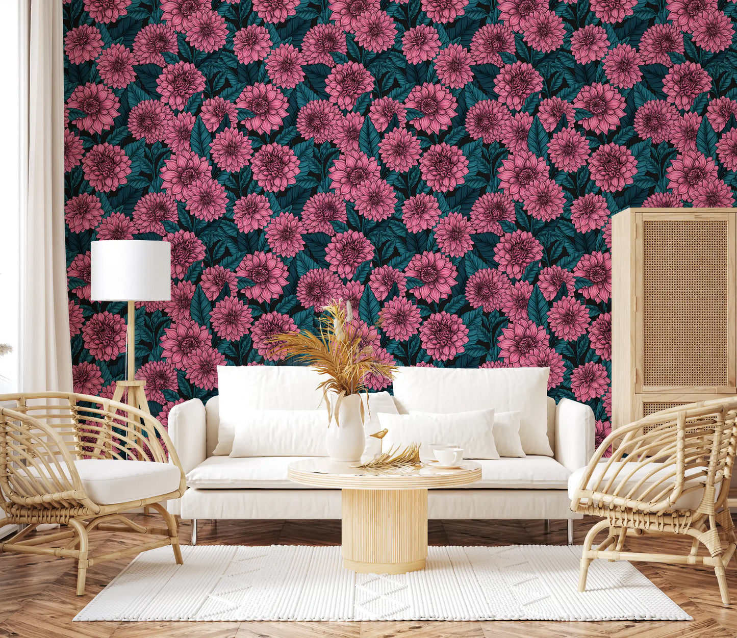 Botanical patterns shine on the Dahlia wallpaper placed inside a bright living room.