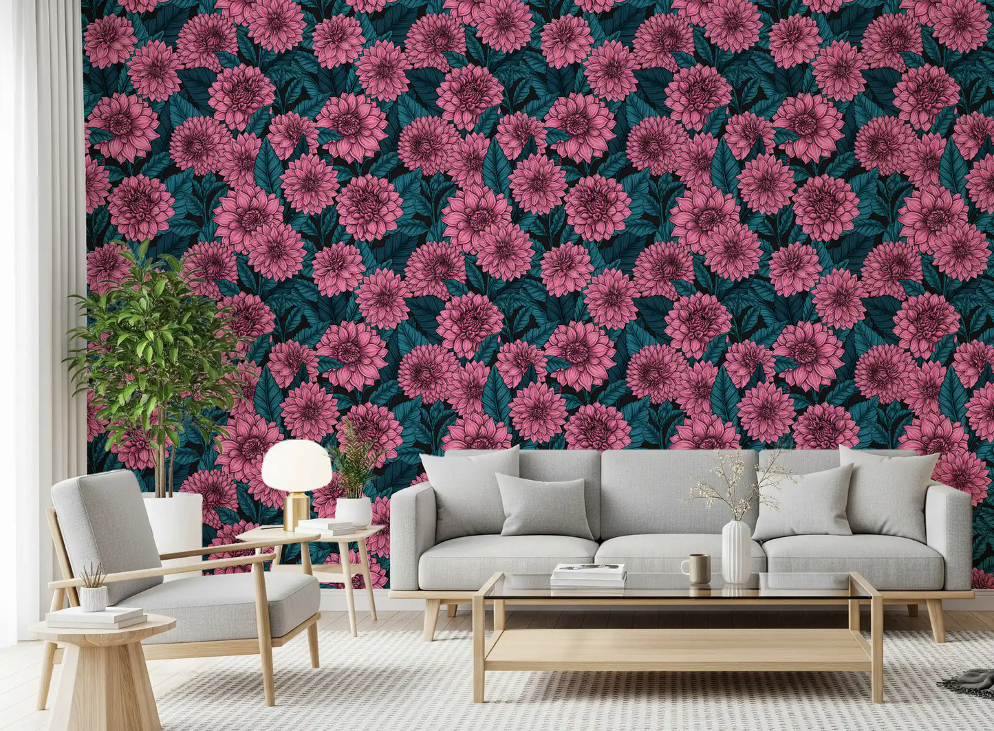 Dark floral motifs create focus on the garden wallpaper within a residential hallway.