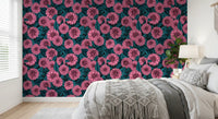 Intricate engraving marks shape the petals on this dark Dahlia wallpaper pattern.