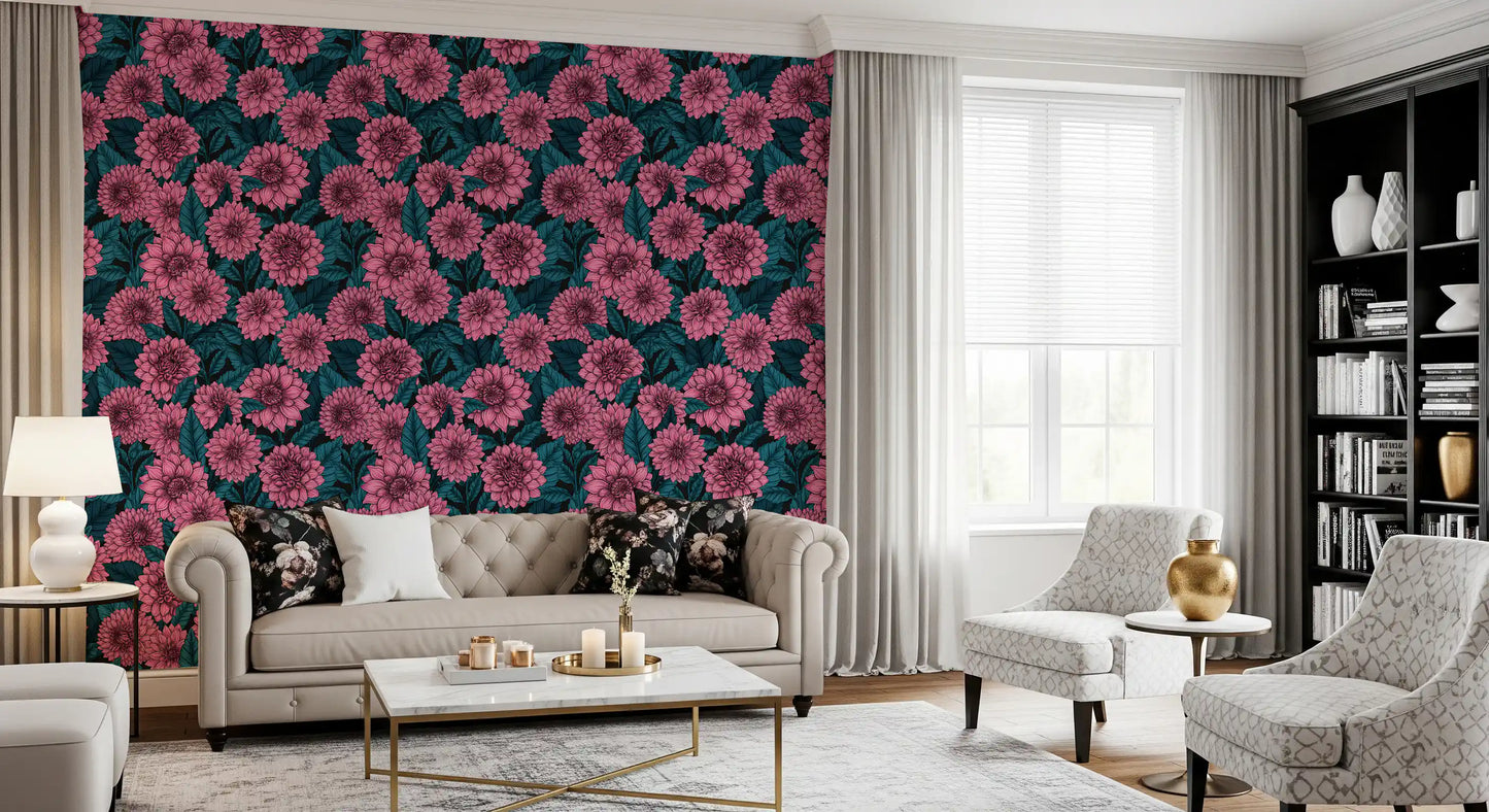 Detailed pink blossoms interlock throughout the Pink Dahlia garden blue leaves wallpaper.