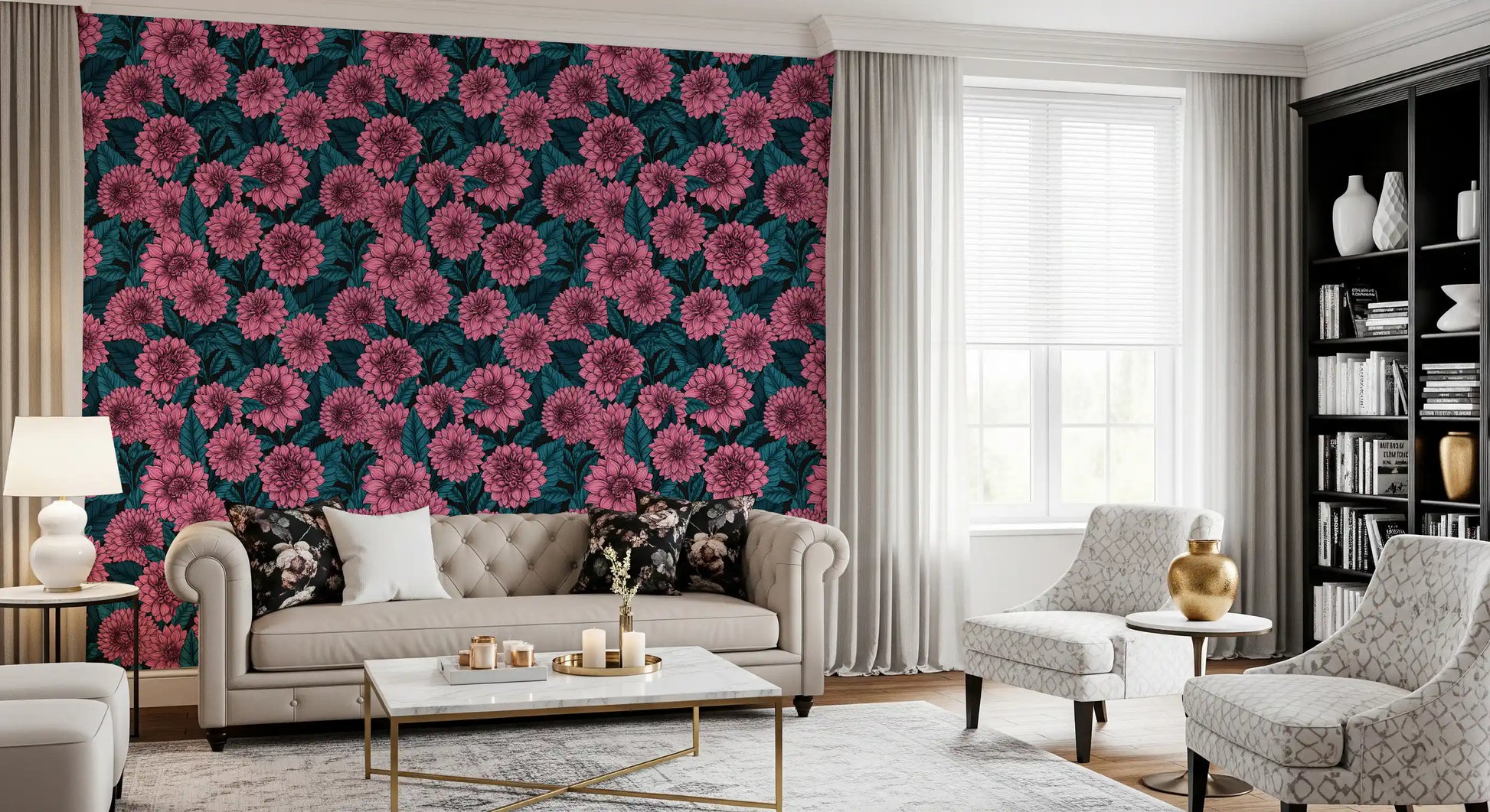 Detailed pink blossoms interlock throughout the Pink Dahlia garden blue leaves wallpaper.