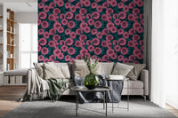 The Pink Dahlia garden blue leaves wallpaper adds bold colour to this Living room .