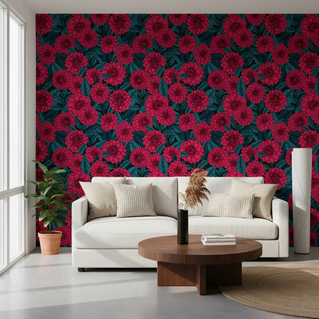 Engraved linework defines every blossom throughout our Red Dahlia garden wallpaper.