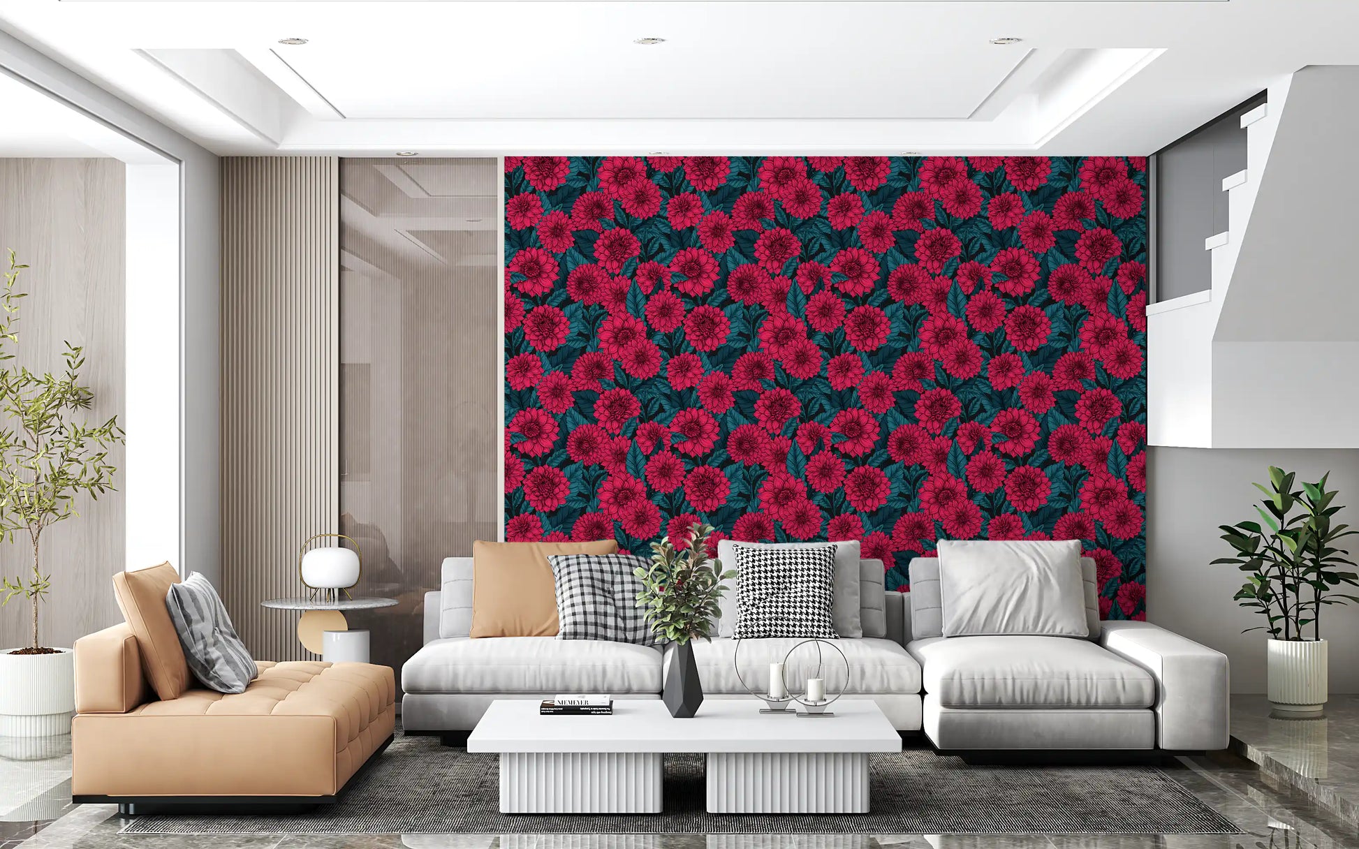 The modern lounge displays this Red Dahlia blue leaves wallpaper beautifully.