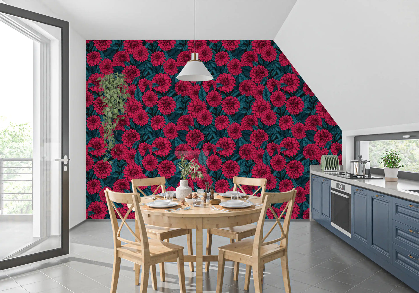 Minimalist seating sits beneath our detailed blue leaves Dahlia wallpaper in a Kitchen-dining area.