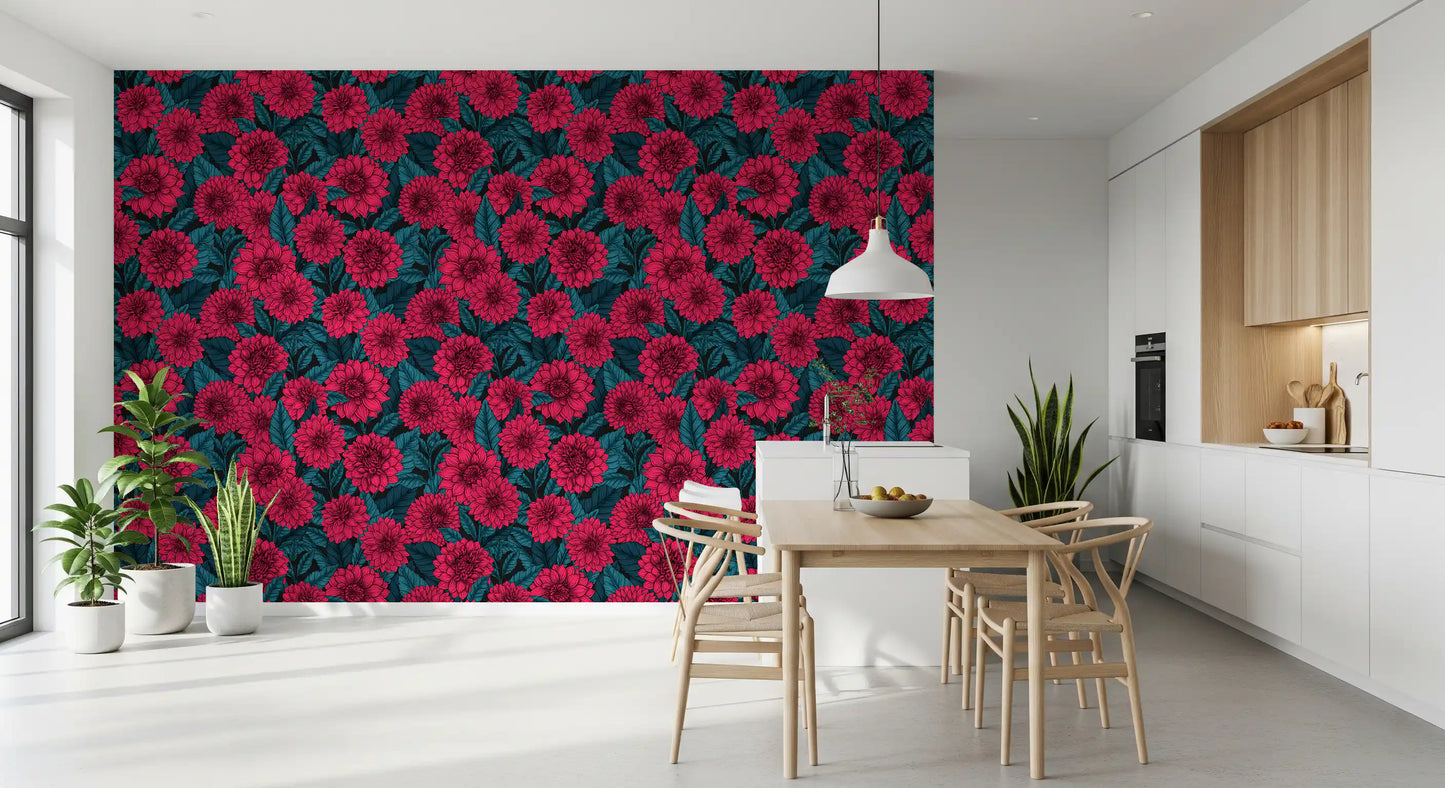 Thick turquoise foliage covers the background of this premium botanical wallpaper.